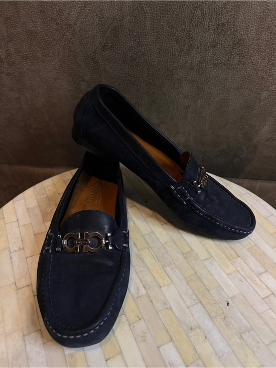 Salvatore Ferragamo Shoes - Ferragamo Women’s Navy Leather Loafers with Metal Bit